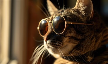 Close-up of a content cat wearing round sunglasses in warm lighting AI generated