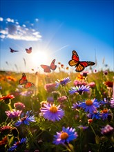 Monarch butterflies dancing amidst a vibrant wildflower meadow, AI generated