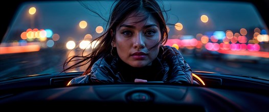 Mixed-race asian Woman with an intense look inside a car at night, city lights creating a bokeh