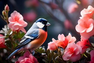Bullfinch sitting in a blooming garden expressing summer wildlife, AI generated
