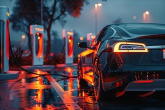 A sleek electric car charges at a neon-lit station on a rainy evening, AI generated
