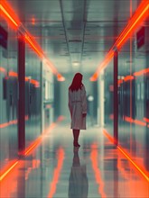 Lone person walking down a corridor with red lighting and reflections, AI generated