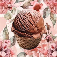Chocolate ice cream scoop on a watercolor floral pattern background AI generated