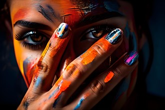 Paint smeared hands featuring imperfect nails and creative streaks on skin, AI generated