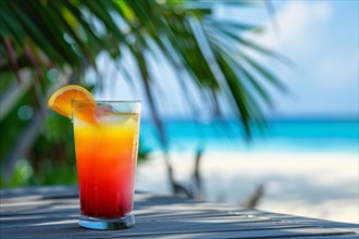 Cocktail with ice cubes and lemon slice with tropical beach in background with copy space. KI