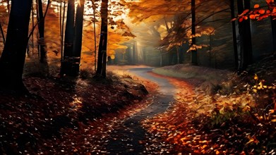 Autumn forest with a winding trail strewn with leaves in hues of orange red and yellow, AI