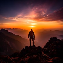 Silhouette of a climber standing atop a mountain peak bathed in the warm vibrant hues of a sunset,