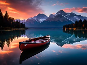 Canoe lies tranquilly atop a mirror like lake surface with sunrise gently kissing the sky, AI