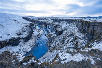 Hrauneyjarfoss waterfalls, onset of winter, Sudurland, Iceland, Europe