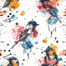Seamless watercolor pattern with bold bird illustrations and abstract strokes AI generated