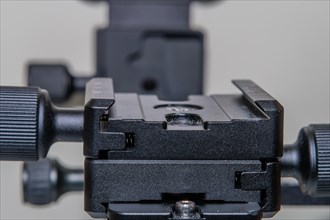 Closeup of lock type camera mount for use on tripod