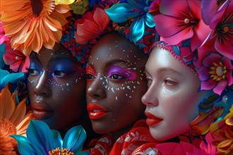 Artistic portrayal of women with vibrant floral designs and a fantasy feel, illustration, AI