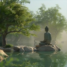 A Buddha statue meditating by a foggy lake under a tree, image depicting relaxation, recreation,