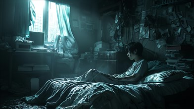 A young boy in a messy room lit by light through a window, evoking loneliness, creepy mood, AI