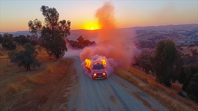 A pickup truck in flames kicking up dust on a dirt road at sunset in a tranquil countryside, AI