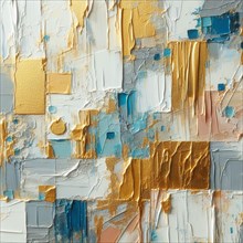 Textured abstract art with gold leaf, blue and white tones, and dripping paint details, AI