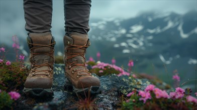 Hiker's feet on a foggy mountain path with pink flowers, early spring, AI generated