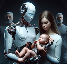 A humanoid robot and a human woman with a baby, a cyborg, symbolic image cybernetics, science