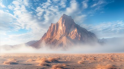A dramatic mountain rises from a foggy desert landscape at sunrise, exemplifying natural beauty, ai