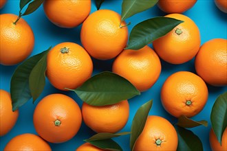 Top view of orange fruits on blue bakcground. KI generiert, generiert, AI generated