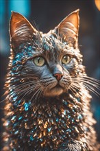Cat with sparkling fur and green eyes, caught in sharp focus under warm lighting, ray tracing 3d