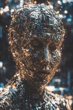 Close-up of a shimmering metallic abstract sculpture of a human head, ray tracing 3d sculpted AI