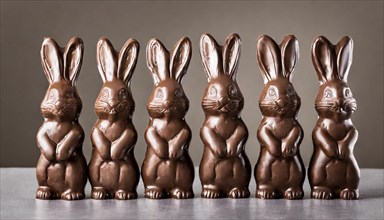 Six brown chocolate bunnies lined up in a row, Easter symbol, AI generated, AI generated