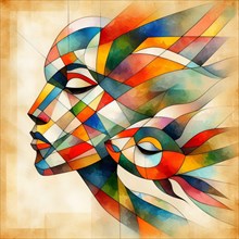 Bold cubist abstract of a woman's profile with a stylized fish in vivid colors, square aspect, AI