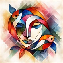 Serene abstract of a woman's face with fish using cubism and soft pastel colors, square aspect, AI