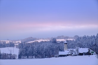Sunrise in winter, Fischbach, Toelzer Land, Upper Bavaria, Bavaria, Germany, Europe