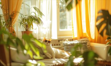 A cat lounging on a couch bathed in warm sunlight filtering through orange curtains AI generated