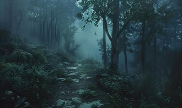 Rocky path through a dark, foggy forest evoking an ominous atmosphere AI generated