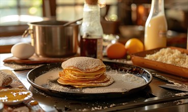 A stack of fluffy pancakes on a rustic plate with syrup pouring and powdered sugar AI generated