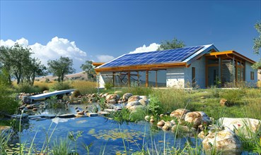Modern open concept house with solar panels beside a rocky pond in a lush landscape AI generated