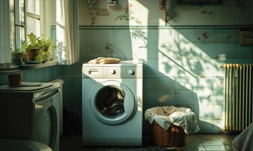 Laundry room interior with washing machine and clothes AI generated