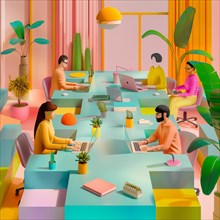 People working in a modern co-working space with pastel-colored furniture, AI generated