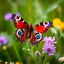 Peacock butterfly in mid flutter above wildflower meadow, AI generated
