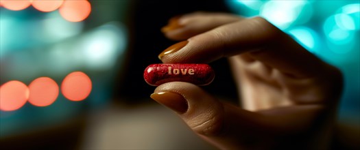 Female Fingers holding a red pill with the word 'love' imprinted, bokeh lights in the background,