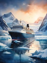 Painting of cruise ship slicing through icy waters glaciers snow capped mountains, AI generated
