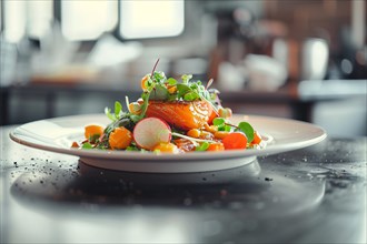 Artful presentation of a salmon dish with microgreens in a fine dining setting, AI generated