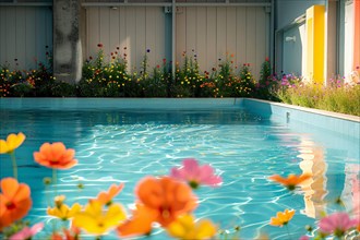 Swimming pool surrounded by flowers with clear reflections of the sky, AI generated