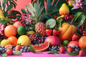 A colorful assortment of tropical fruits on a vivid pink backdrop, illustration, AI generated