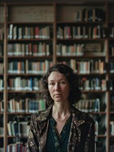 Contemplative woman standing in front of bookshelves in a library, AI generated