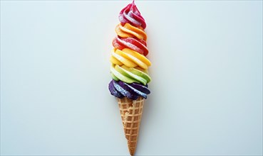 Rainbow-colored ice cream cone on white background AI generated