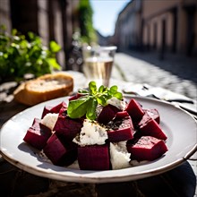 Beetroot and goat cheese salad arranged on a rustic cafe table, AI generated