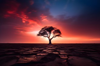 Lone tree exhibiting resilience in a barren deforestation landscape, AI generated