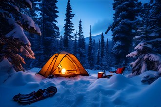 Snowy campsite in a forest during twilight tent emitting warm glow, AI generated
