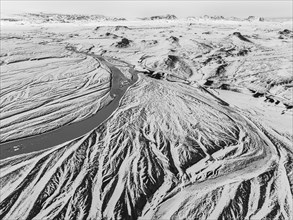 Overgrown river landscape, onset of winter, Fjallabak Nature Reserve, drone image, black and white