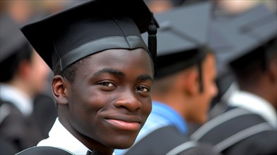 A content african young man in a black cap and gown smiles at a graduation ceremony, exuding