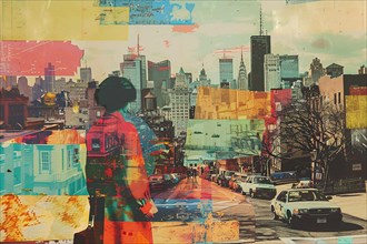 Silhouette of a woman against an abstract, colorful collage of urban cityscape at sunset,